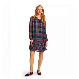 Draper James Plaid Tie Neck Ruffle Hem Long Sleeve Chiffon Dress XXL